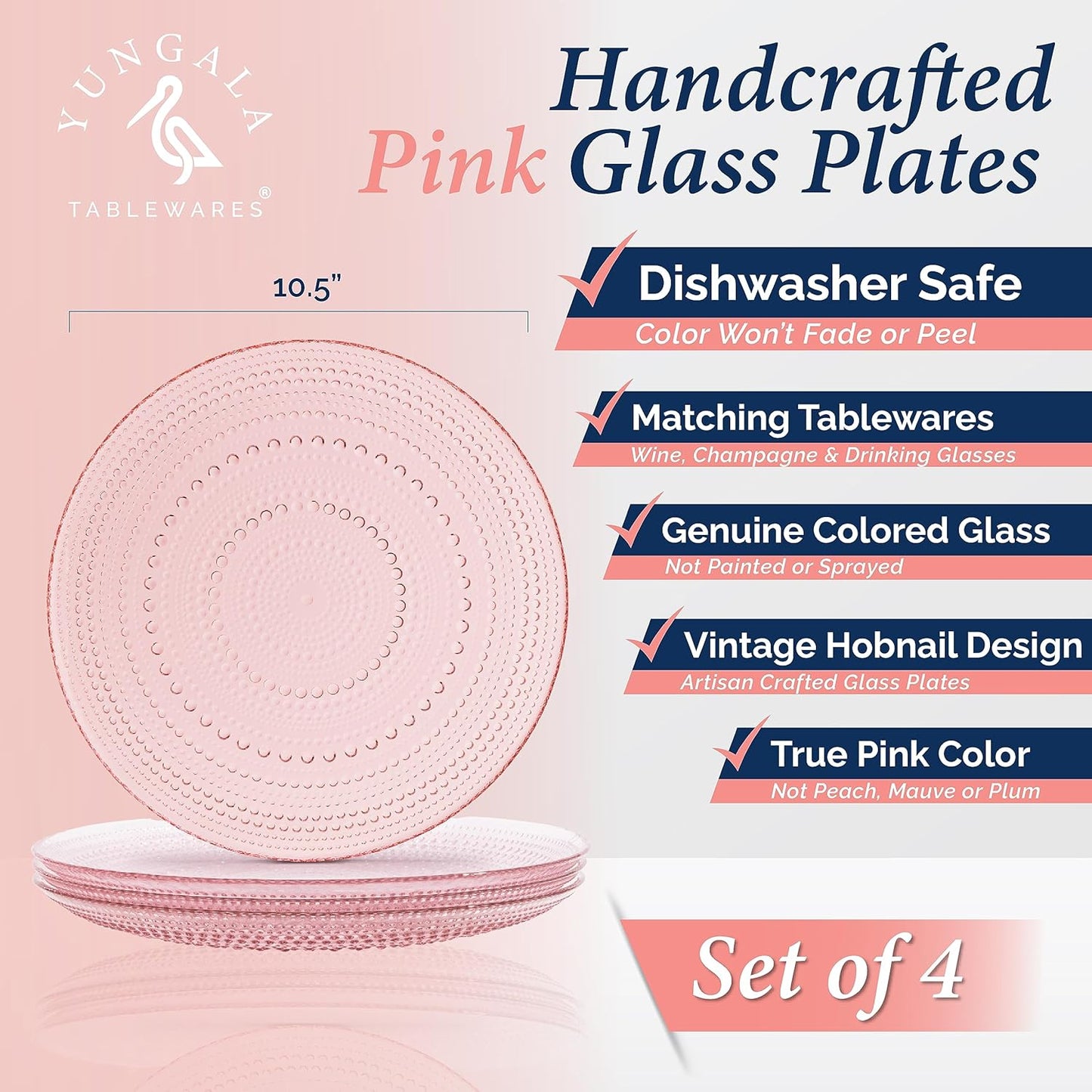 Yungala Pink Hobnail Plates, Set of 4 Glass Vintage 10.5” Dinner Plates that are Dishwasher Safe