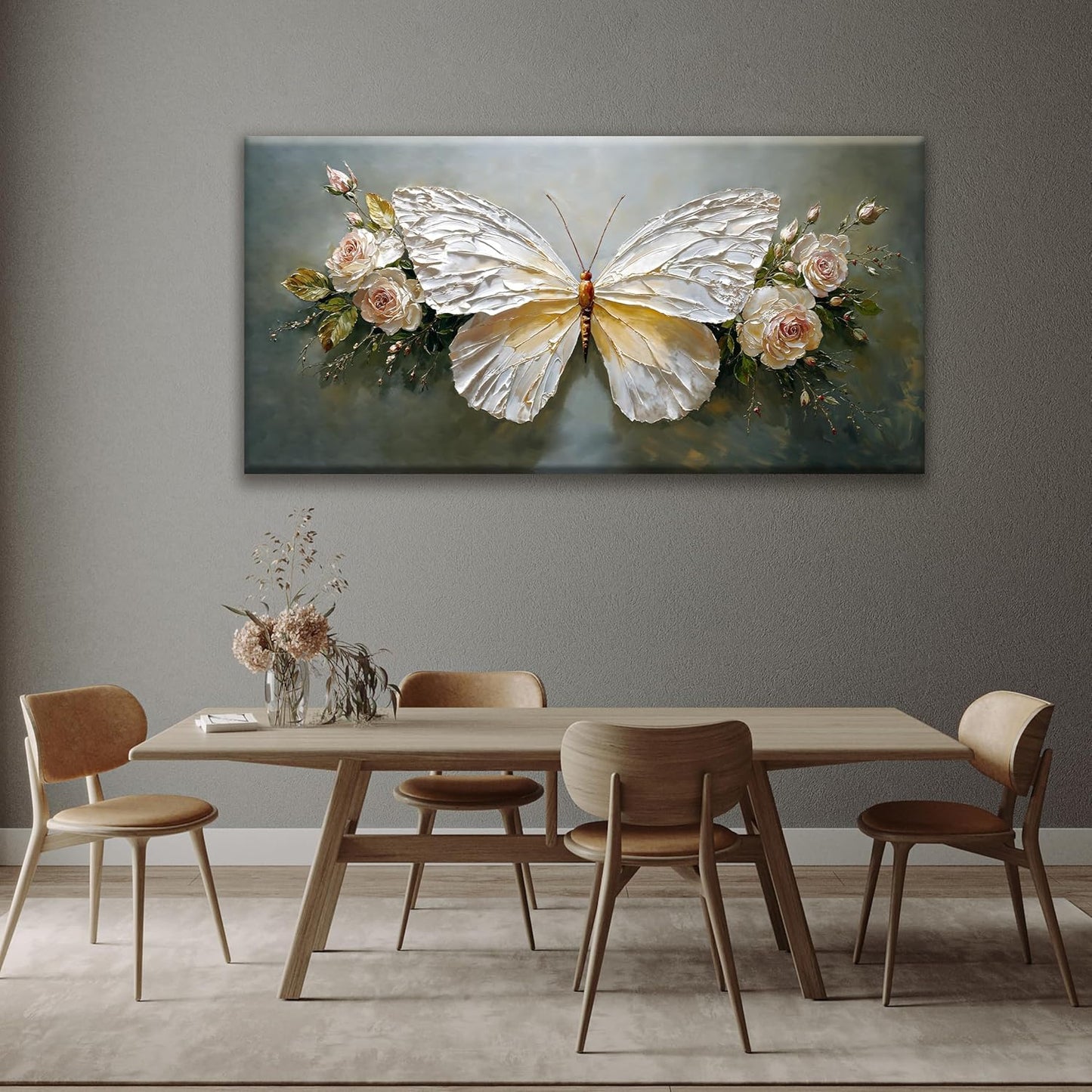 Large Wall Art Decor Abstract White Simple Butterfly And Rose Wall Art For Living Room Bedroom Office Kitchen Home Wall Decor 29x58 Inch Modern Abstract Artwork