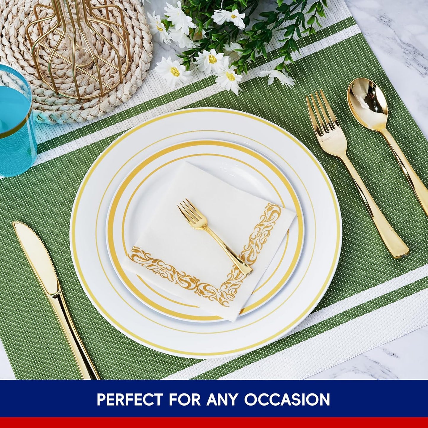 250 Count Gold Disposable Plastic Dinnerware Set, 50 Gold Plastic Plates, 25 Silverware, 25 Cups and Straws, 50 Napkins, Perfect for Wedding Party