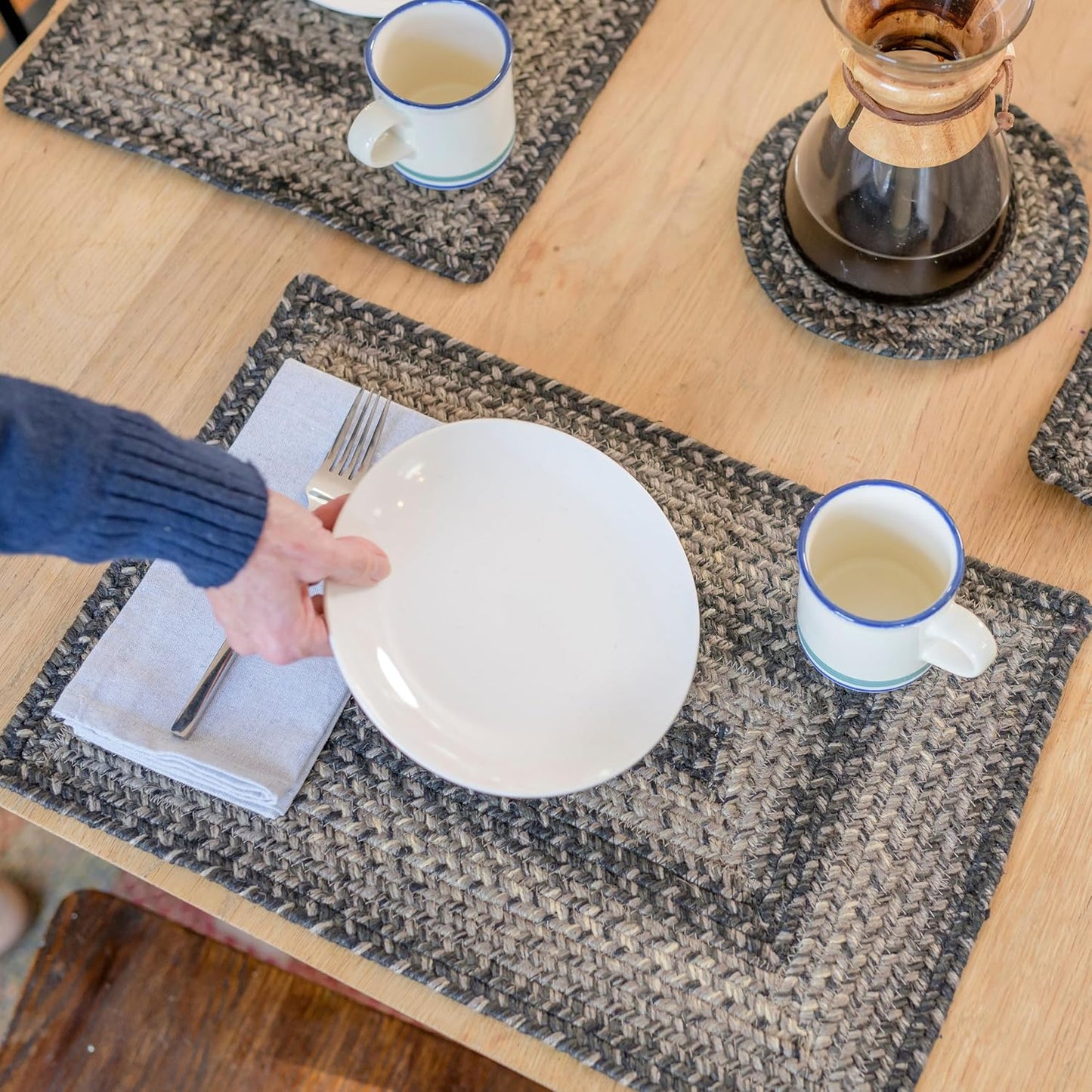 Homespice Flint Hill Jute Woven Placemats, Warm Primitive Decor, Set of 4, Grey 13x19 Rectangle Table Mats - Vibrant Colors, Durable, Easy to Clean and Protects Furniture
