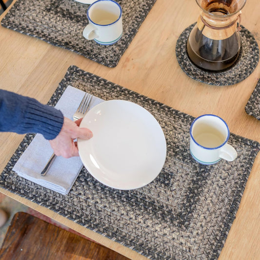 Homespice Flint Hill Jute Woven Placemats, Warm Primitive Decor, Set of 4, Grey 13x19 Rectangle Table Mats - Vibrant Colors, Durable, Easy to Clean and Protects Furniture
