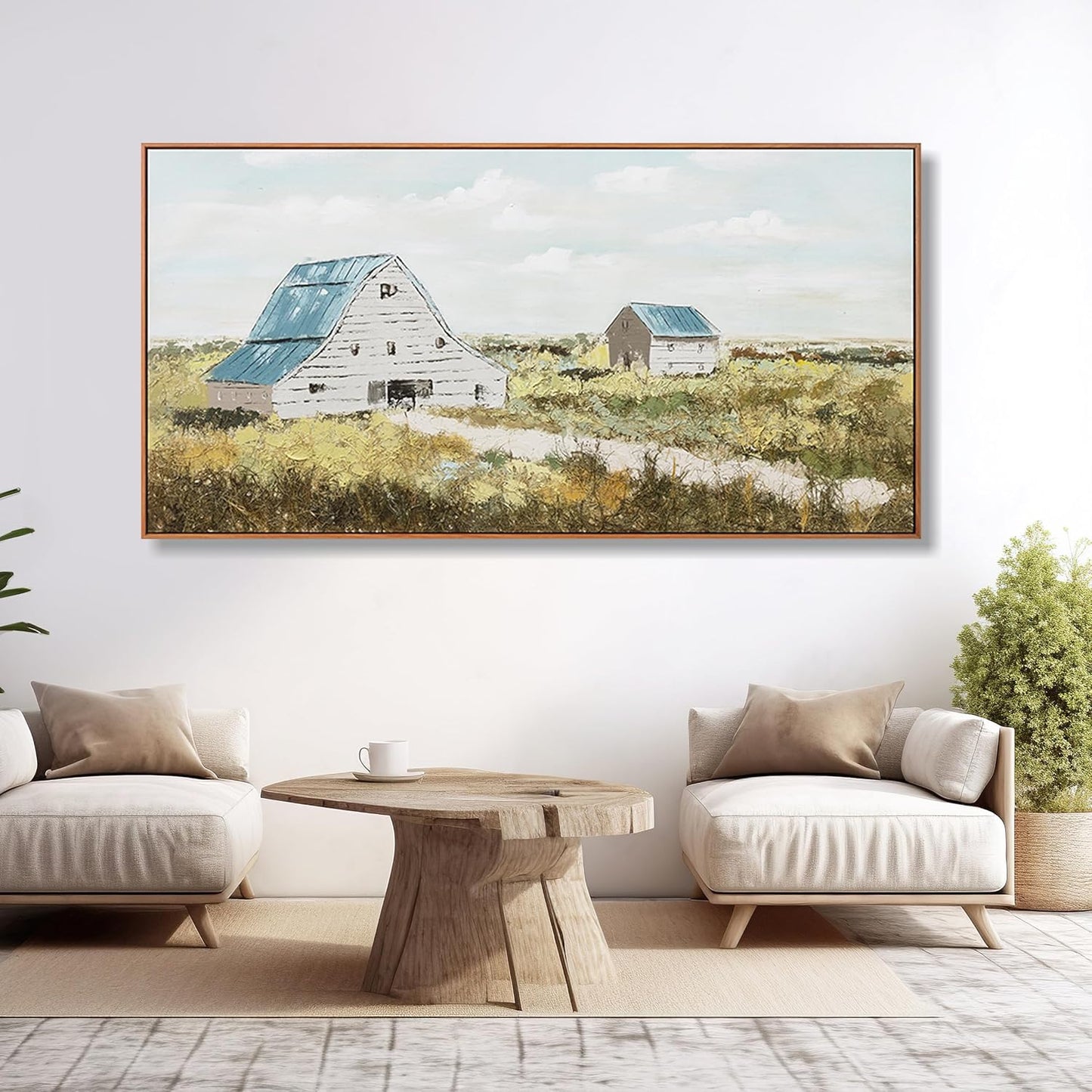 Green and White Canvas Wall Art Decor Home Decor Art Prints Natural Landscape Modern Framed Wall Decorations Artwork Field Cabin for Living Room Wall Bedroom Office Decor 24"×48"