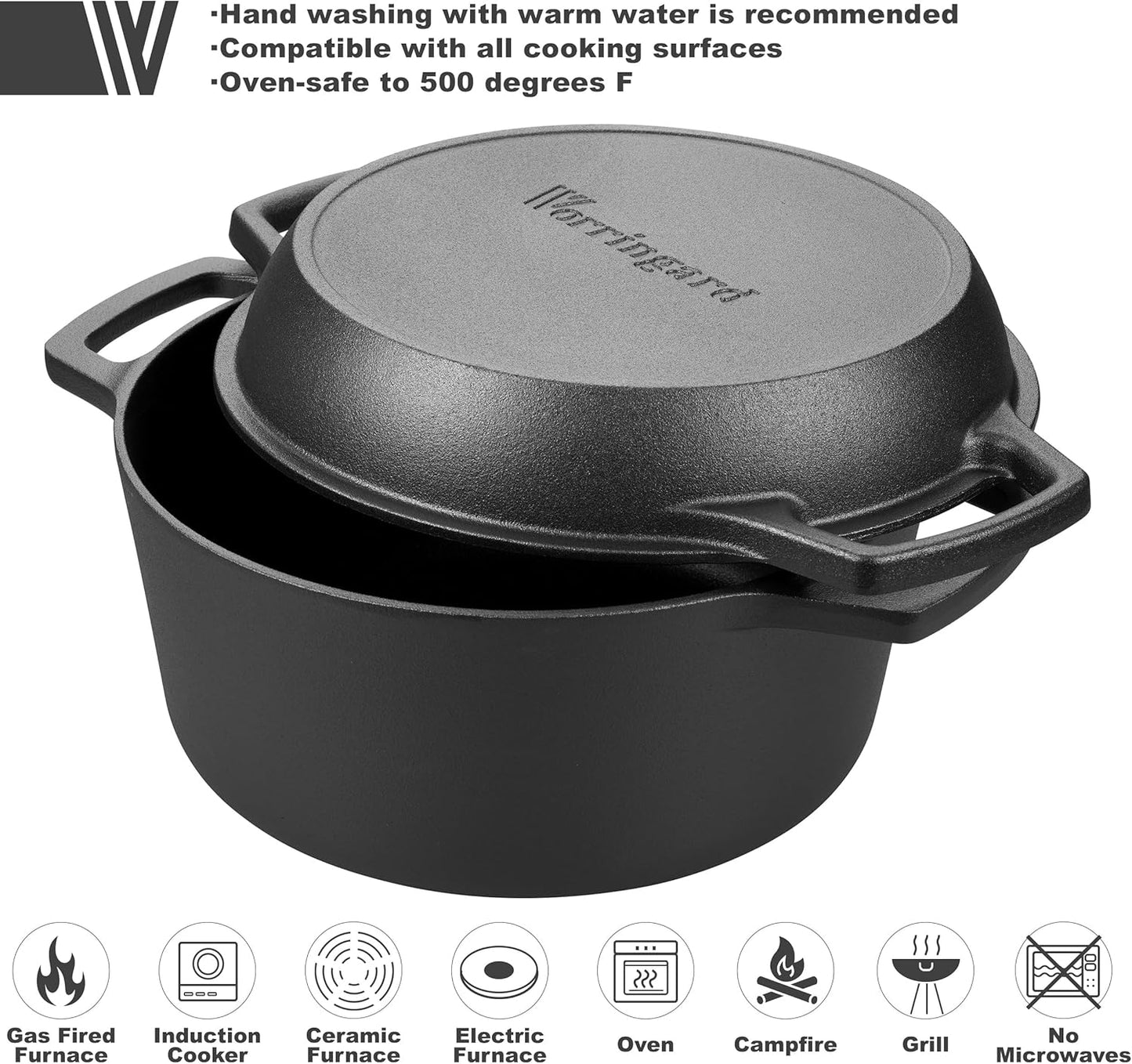 Pre-seasoned Cast Iron Double Dutch Oven Pot with Skillet Lid, Dual-handle, for Bread Baking, Outdoor, Campfire Cooking, 5 Quart
