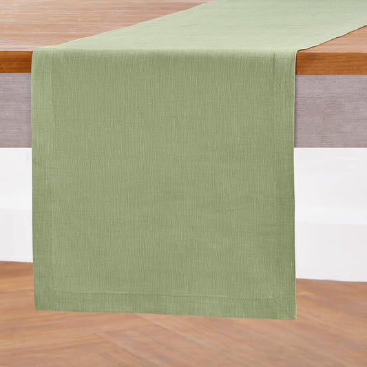 Solino Home Linen Small Table Runner 36 Inches - Athena, 100% Pure Linen Chambray Olive Table Runner 14 x 36 Inch Ideal for Dresser and Coffee Tables - Fall, Autumn, Halloween, Thanksgiving