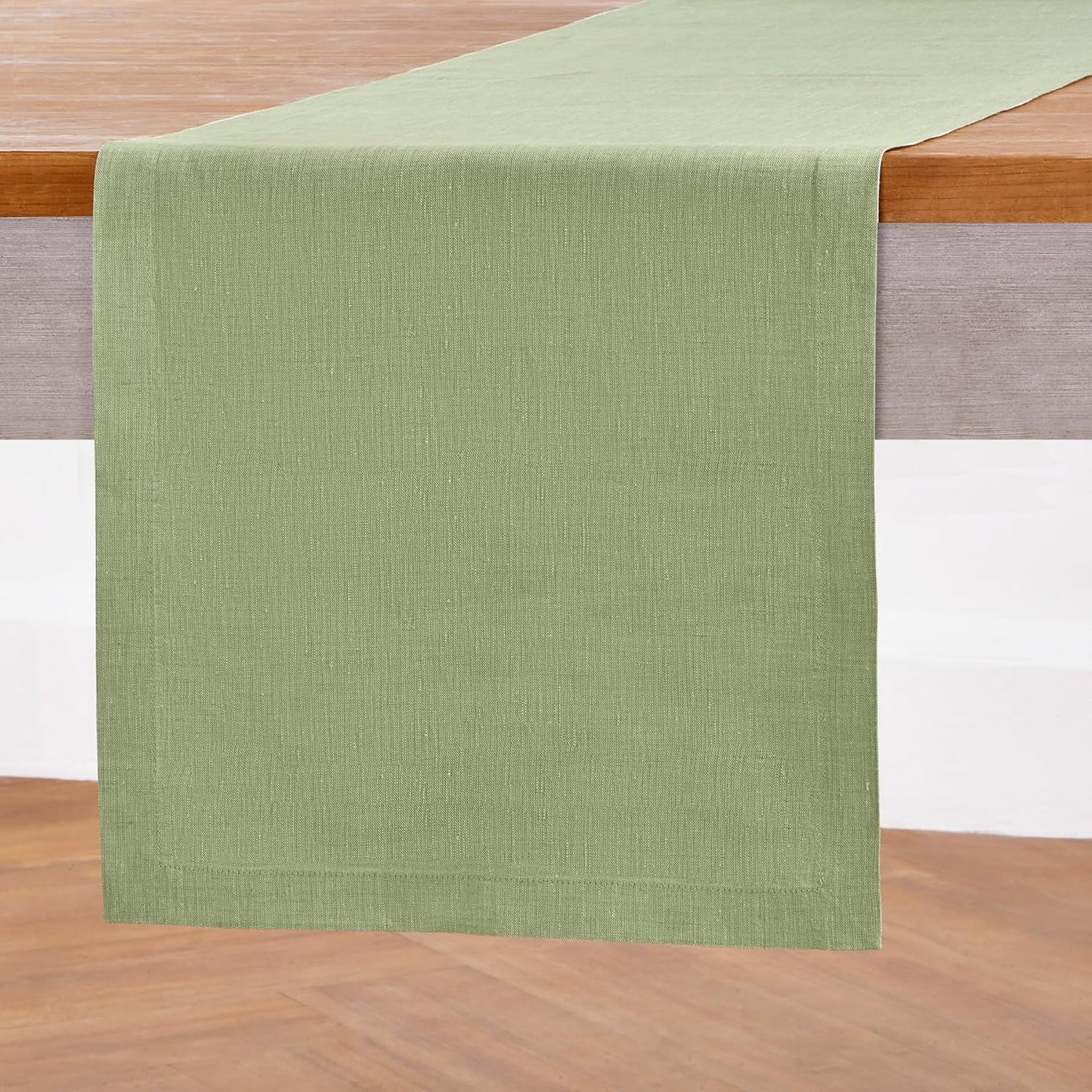 Solino Home Linen Table Runner 120 Inches Long - Athena, 100% Pure Linen Chambray Olive Table Runner 14 x 120 Inch for Dining, Fall, Autumn, Thanksgiving