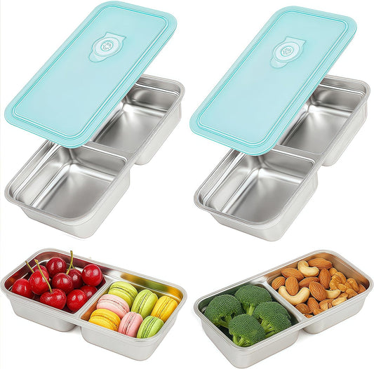 2Pcs 304 Stainless Steel Bento Boxes, 30 oz 2 Compartments Portable Food Storage Containers Snack Boxes with Leakproof Lids, Divided Meal Prep Lunch Box Food Container Dishwasher Safe