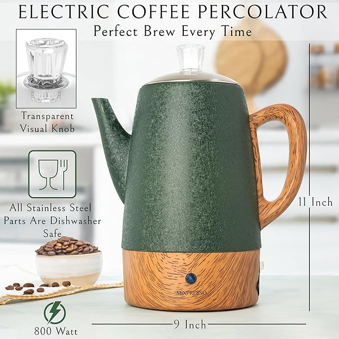 Mixpresso 10 Cup Percolator Coffee Pot Electric, Stainless Steel Coffee Percolator Electric With Keep Warm Function, Classic Perculator Pot With Removable Basket for Home or Office - Shiny Green