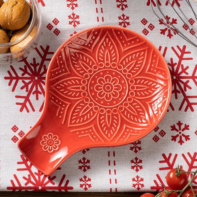 Ceramic Spoon Rest, 7.48 Inches Spoon Holder for Kitchen Counter, Kitchen Accessories, Dishwasher Safe, Red