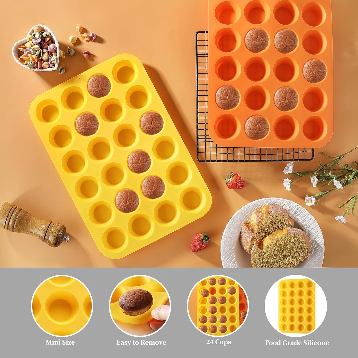 2PCS Silicone Mini Muffin Cupcake Pan, Kaloo Nonstick 24 Cups Silicone Muffin Pans for Baking, Great for Muffin, Cakes, Tart, Bread, Dishwasher Safe (Stylish Orange + Yellow, 24 Cups Each)