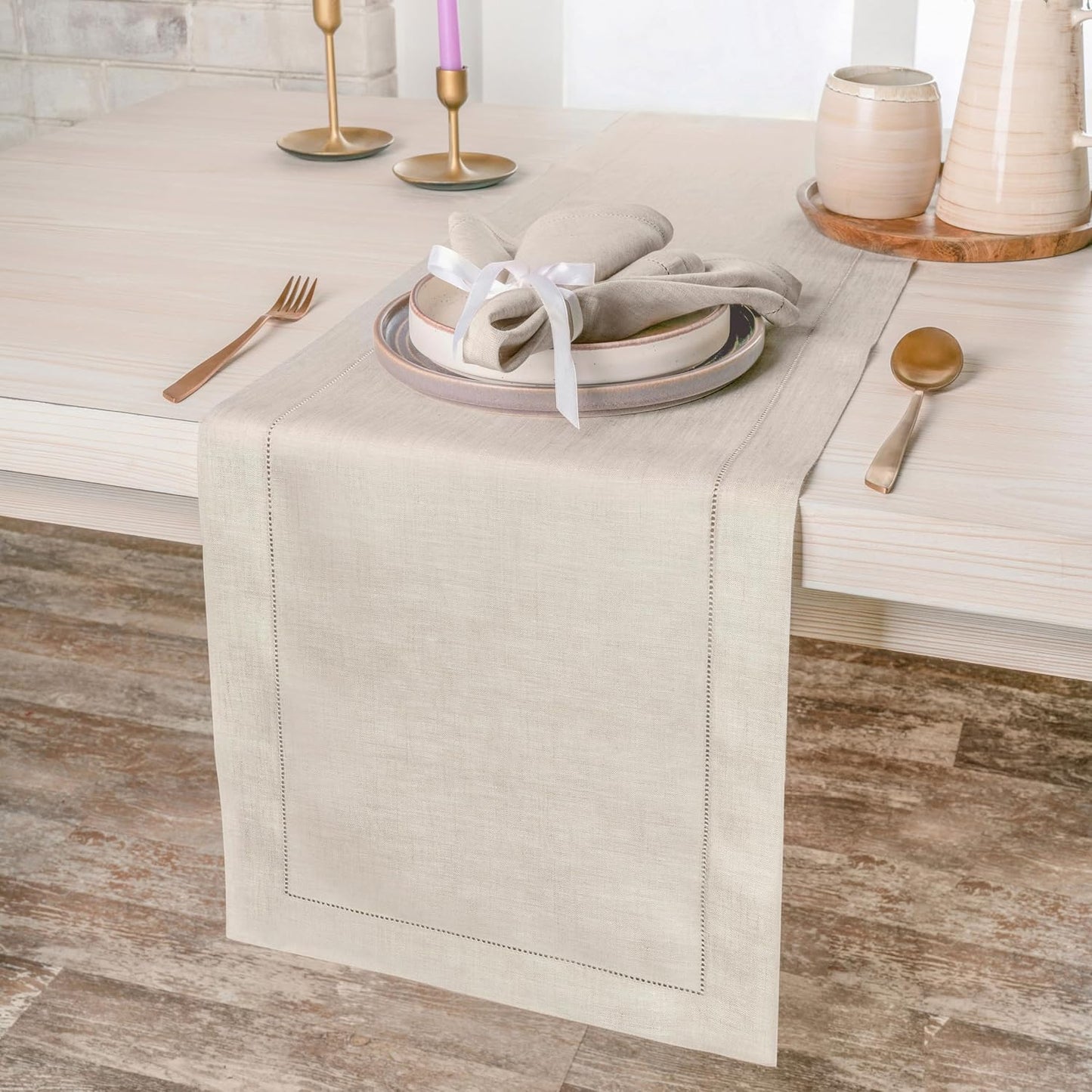 D'Moksha Homes Linen Light Natural Table Runner 36 Inches - 100% Pure Linen Small Table Runner 14 x 36 Inch Ideal for Dresser, Coffee Tables, Fall and Halloween - Classic Hemstitch - Classic Hemstitch
