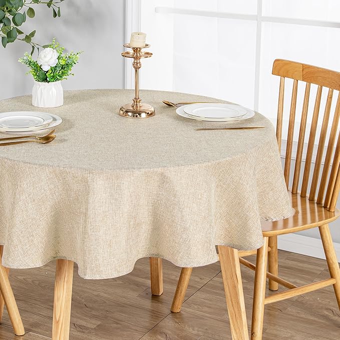 JIUZHEN Round Table Cloth Faux Linen Farmhouse Tablecloth Wrinkle and Stain Resistant Decorative Fabric Table Cover for Kitchen, Dining Room, Parties and Camping, Beige, 80 Inch Round