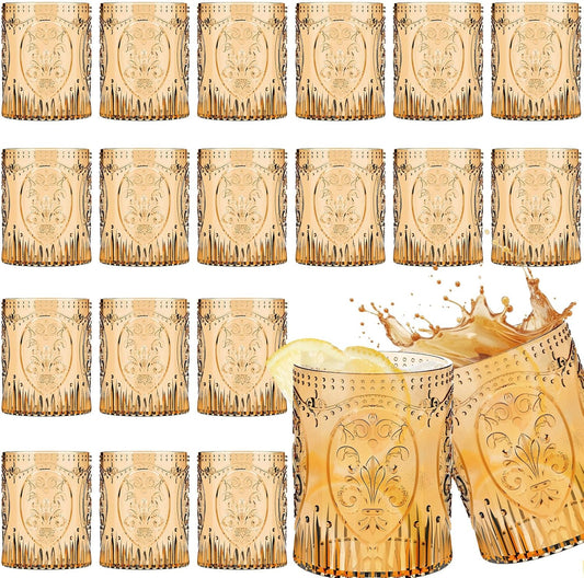 24 Plastic Vintage Drinking Glasses 8.5oz Stemless Retro Embossed Wine Glasses Shatterproof Reusable Cups for Baby Shower Wedding Reception Grand Event Party (Yellow)
