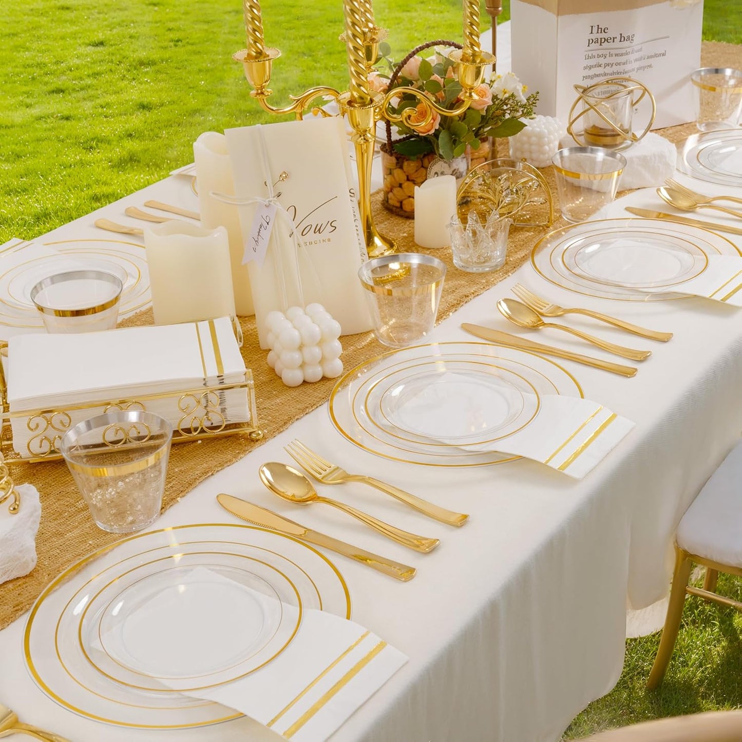 GATHER 350PCS Clear Gold Plastic Plates - Disposable Gold Dinnerware Sets Includes 100 Gold Rim Plastic Plates, 150 Silverware, 50 Napkins, 50 Cups for Party, Wedding & Birthday & Thanksgiving