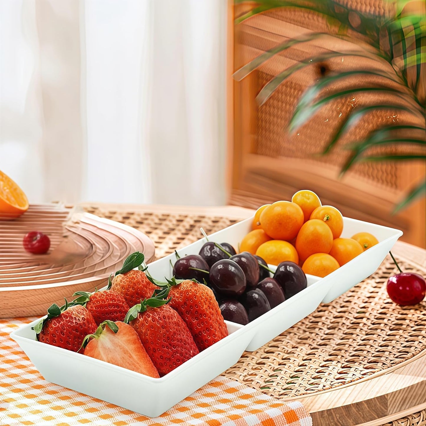 Divided Serving Tray Platter, 3 Pack 15" x 5" Fruit Veggie Food Tray for Party, Plastic Serving Trays for Appetizer, Snack, Dessert, Cookie, Brunch Decorations Platters, White Trays BPA-Free