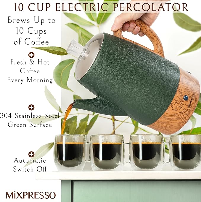 Mixpresso 10 Cup Percolator Coffee Pot Electric, Stainless Steel Coffee Percolator Electric With Keep Warm Function, Classic Perculator Pot With Removable Basket for Home or Office - Shiny Green