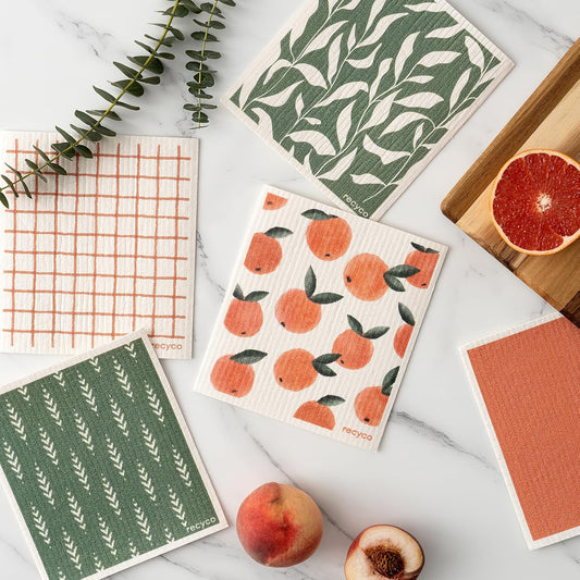 RECYCO Swedish Dishcloths for Kitchen | 5 Pack Peachy Leaves Washable Dish Rags | Cellulose Reusable Cleaning Paper Towels | Absorbent Counter Dish Cloth Sponge Kitchen Wipes, 8" L x 7" W