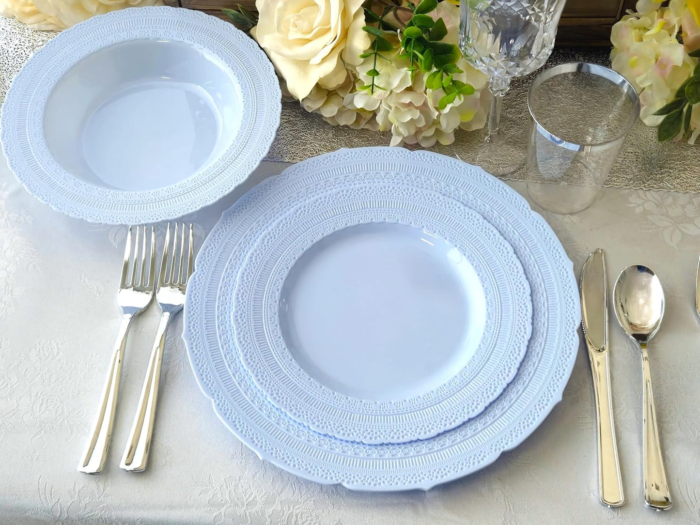 " OCCASIONS " 240 Plates Pack,(120 Guests) Extra Heavyweight Vintage Wedding Disposable/Reusable Plastic Plates 120x11'' Dinner + 120x8.25'' Salad/Dessert Plate (Chateau Blue)