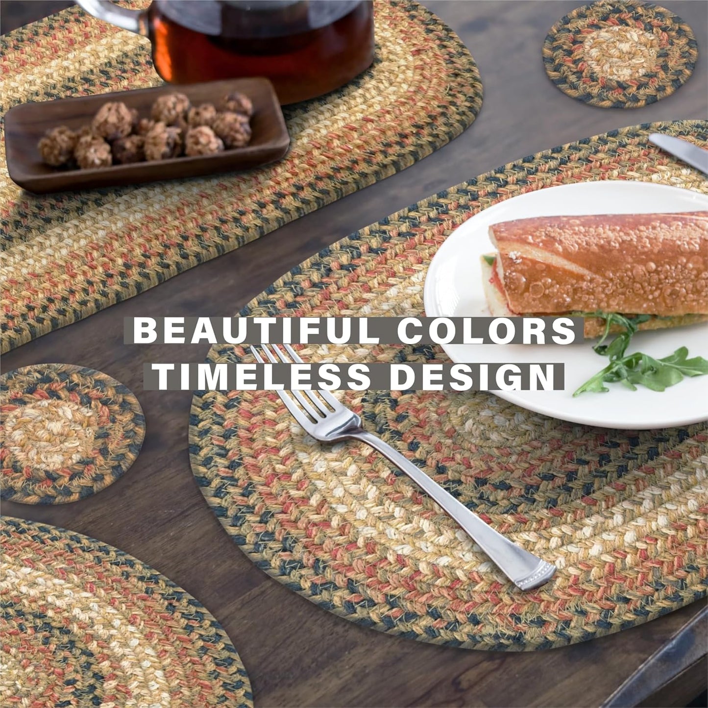 Homespice Russet Braided Oval Table Runner, Warm Country Decor, Multicolor 11x36 - Jute Dining Table Accessories - Rich Colors, Easy to Clean, Durable and Protects Furniture