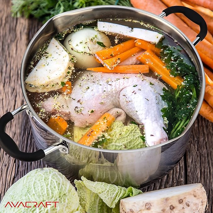 AVACRAFT Stainless Steel Stockpot with Glass Strainer Lid, 6 Quart Stock Pot, Soup & Saucepan Cookware, Side Spouts, Multipurpose, Induction Pan, (5-Ply Capsule Bottom, 6QT)