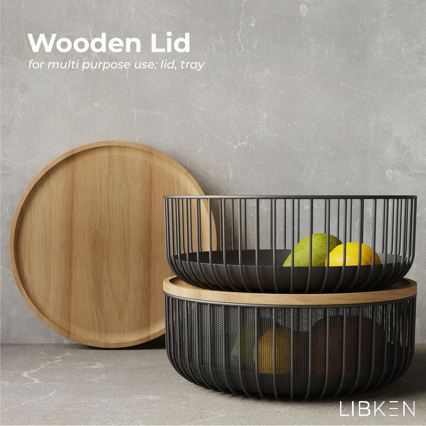 Metal Wire Mesh Fruit Basket with Wooden Lid - Fly-Proof Indoor Solution for Fresh Fruits - Covered Fruit Bowl with Lid - Produce Cover Against Flies for Vegetables - Black