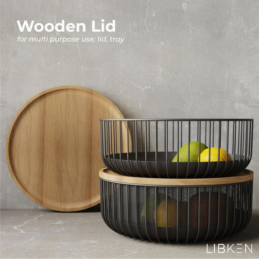Metal Wire Mesh Fruit Basket with Wooden Lid - Fly-Proof Indoor Solution for Fresh Fruits - Covered Fruit Bowl with Lid - Produce Cover Against Flies for Vegetables - Black