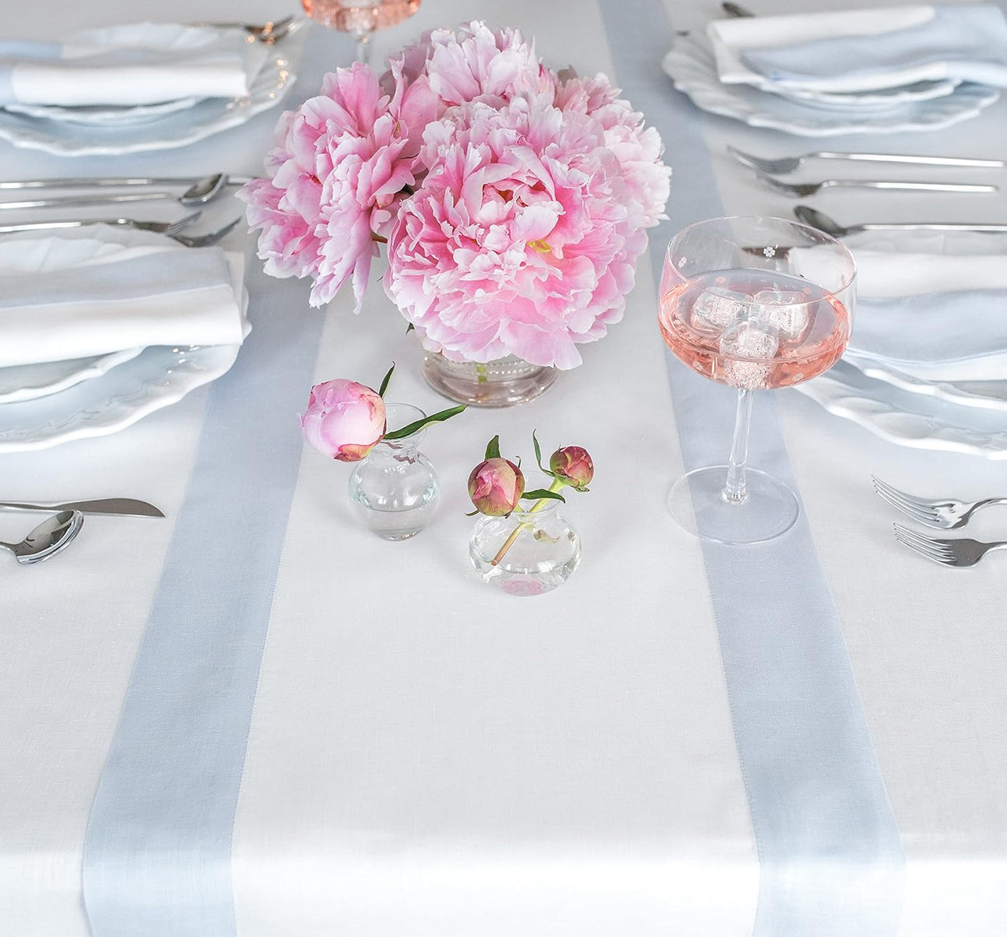 Solino Home Linen Table Runner 48 Inches - 100% Pure Linen Light Blue and White Table Runner 14 x 48 Inch Ideal for Dresser and Coffee Tables - Contempo