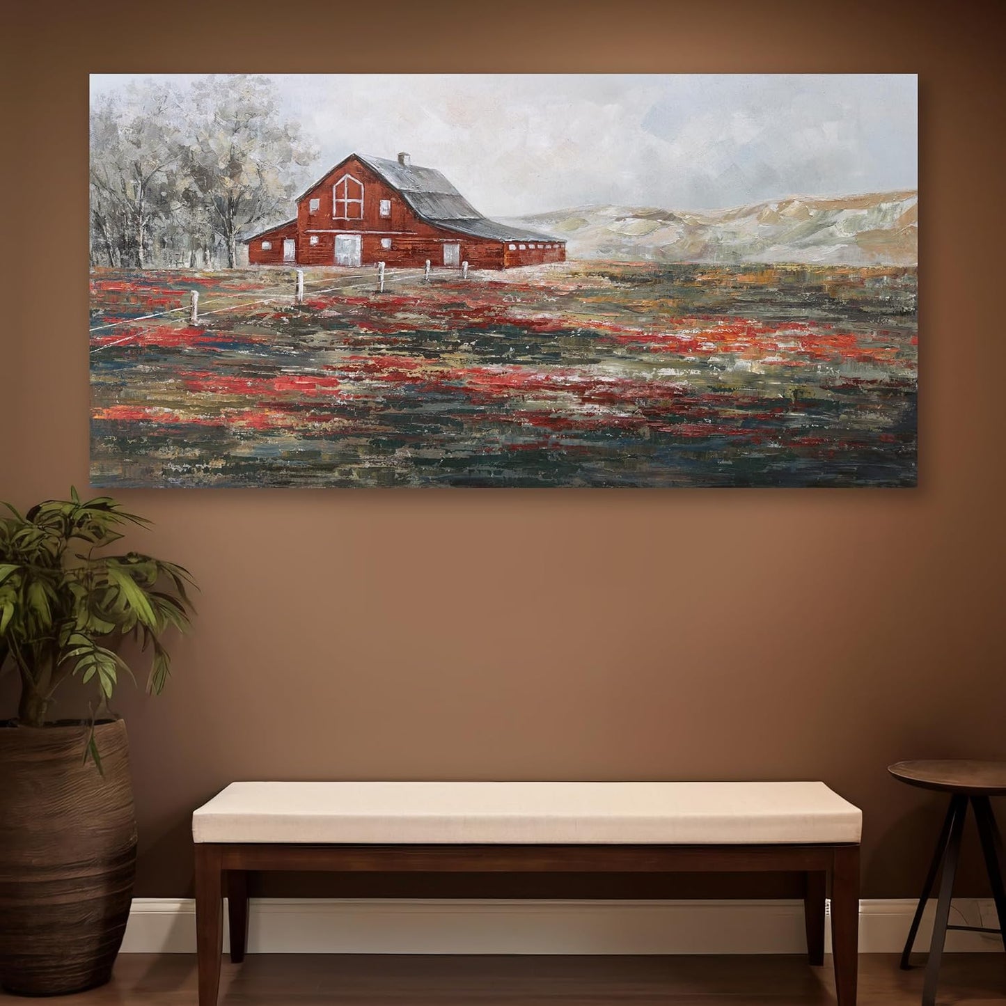 Farmhouse Wall Art Canvas Picture Red Rustic Barn Farm Artwork Decor Country Landscape Panoramic Countryside Rural Nature Scene Painting for Living Room Bedroom Office Decor Wall Decor 24"x48"