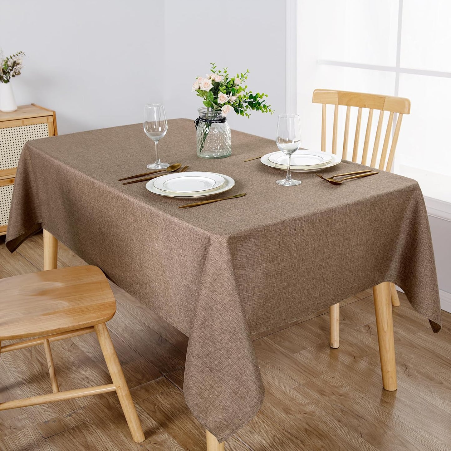 Hiasan Faux Linen Rectangle Tablecloth - Wrinkle and Stain Resistant Washable Table Cloth for Kitchen Dining Room Holiday Table Cover for Dinner, Khaki, 60 x 140 Inch