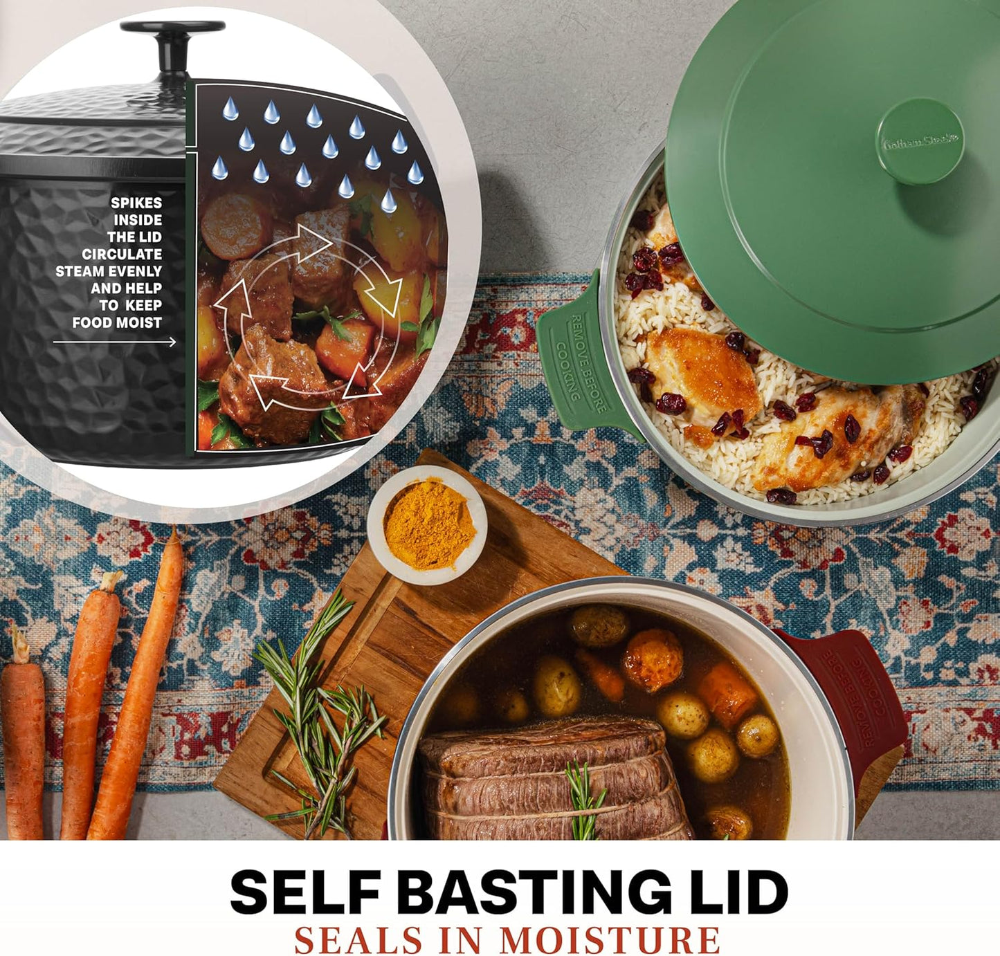 Gotham Steel Hammered 5 Qt Lightweight Dutch Oven Pot with Lid & Holders, Ceramic Non Toxic, Oven Safe & Even Heat Retaining Dutch Oven for Bread Baking Sourdough, Soup, 70% Lighter than Cast Iron