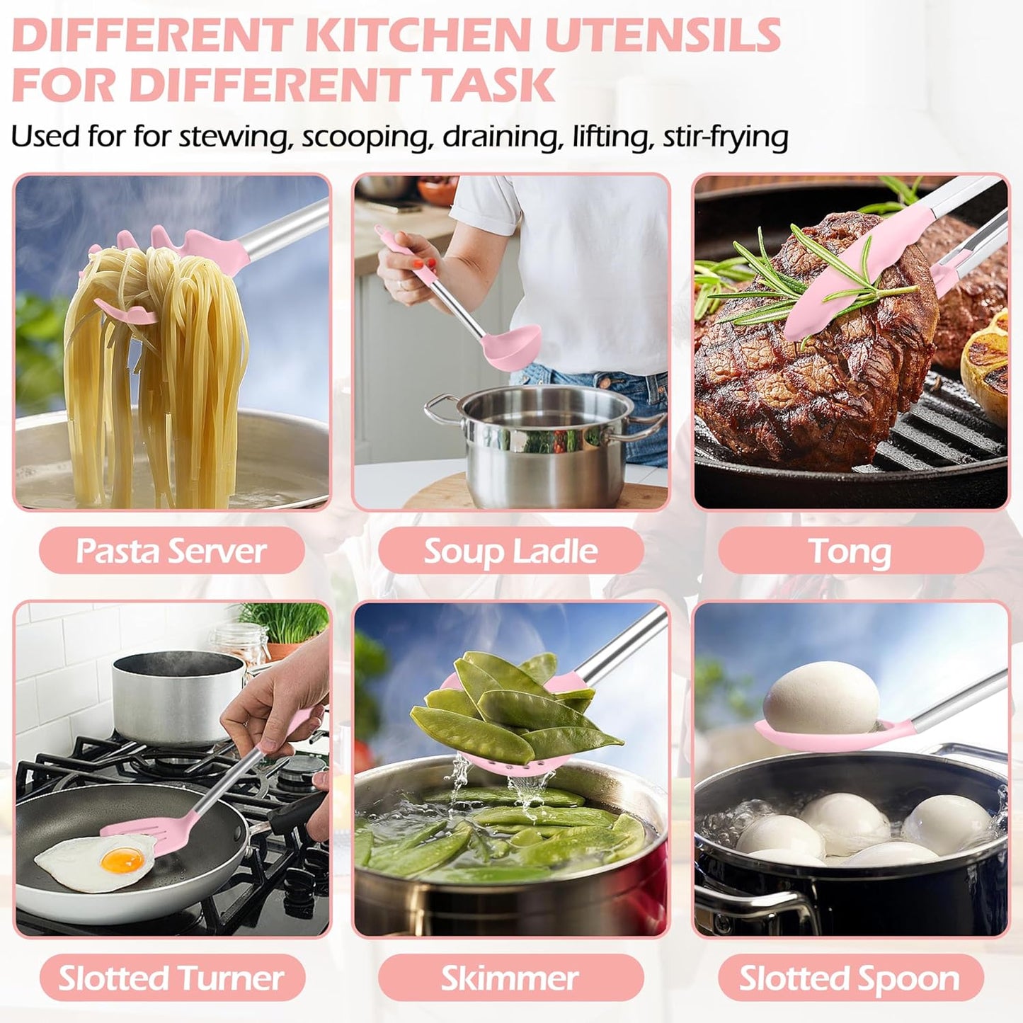 HaWare 29 PCS Silicone Cooking Utensils Set, Heat Resistant Kitchen Utensils Set with Stainless Steel Handle, Spatula Sets with Holder and Hooks, Kitchen Tools Gadgets for Nonstick Cookware -Pink