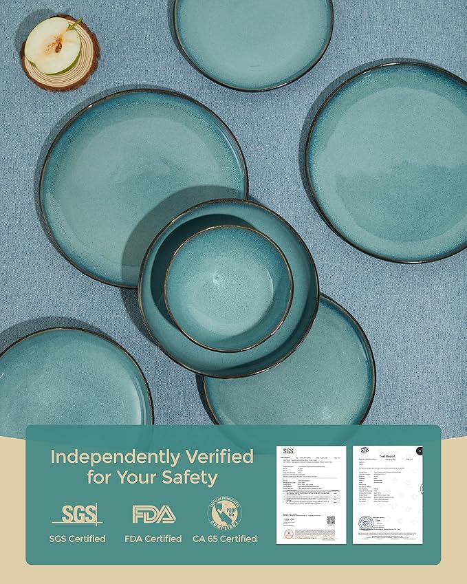 32 Piece Dinnerware Set for 8 with Pasta Bowls, Green Black Reactive Glaze Stoneware | All‑in‑One Host Set for Entertaining, Holiday Meals, Multi‑Course Dinners | Unique Irregular Coastal Look