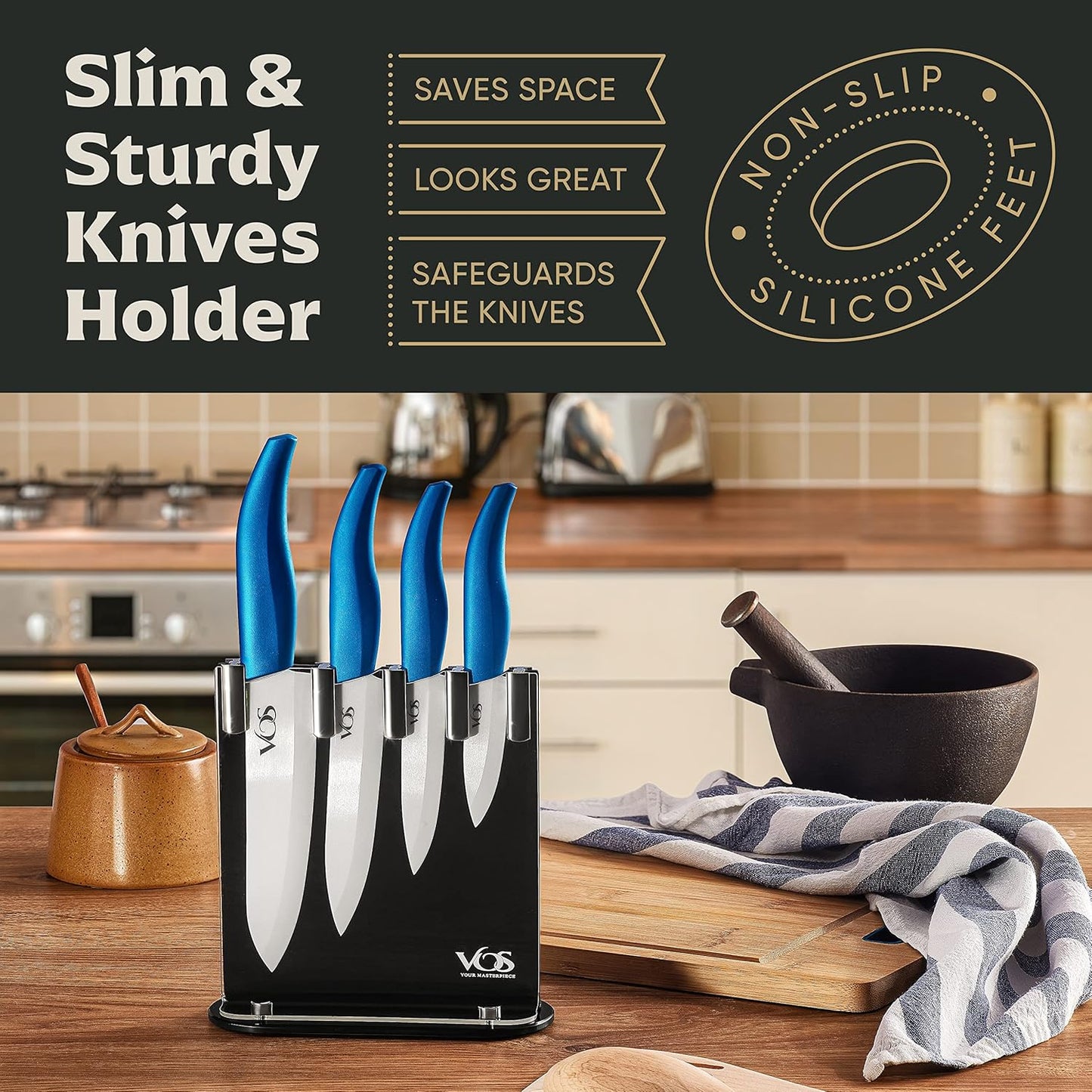 Vos Ceramic Knife Set with Block, Ceramic Knives Set For Kitchen, Ultra Sharp Kitchen Knife Set with Covers, 3" 4" 5" 6" Chef Knife, Utility, Paring & Versatile, Lightweight, Dishwasher safe (Blue)