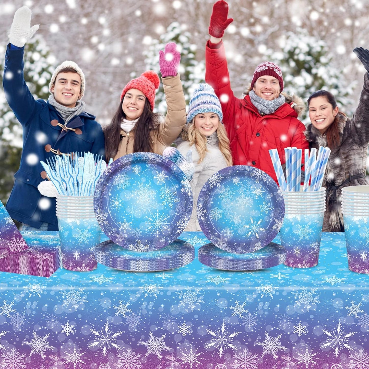 Magical Frozen Wonderland Party Dinnerware Kit - 161 Blue Purple Winter Snowflake Birthday Supplies Decor for Kids - Premium Dinner&Dessert Plates Cutlery Napkins Straws Cups Tablecloth for 20 Guests