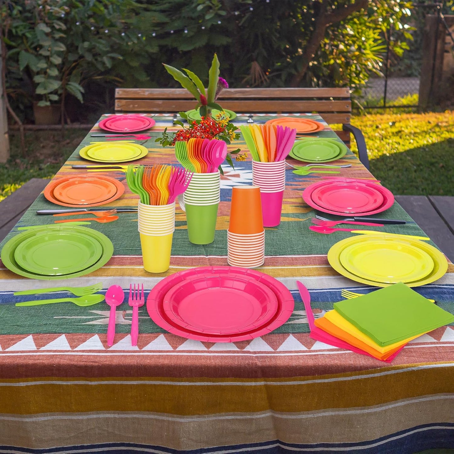 durony 350 Pieces Neon Party Supplies Paper Plates Serve 50 Guests 7 Inch 9 Inch Dinner Plates Napkins Paper Cups Cutlery Bright Color Disposable Glow Party Tableware for Fiesta Neon Birthday