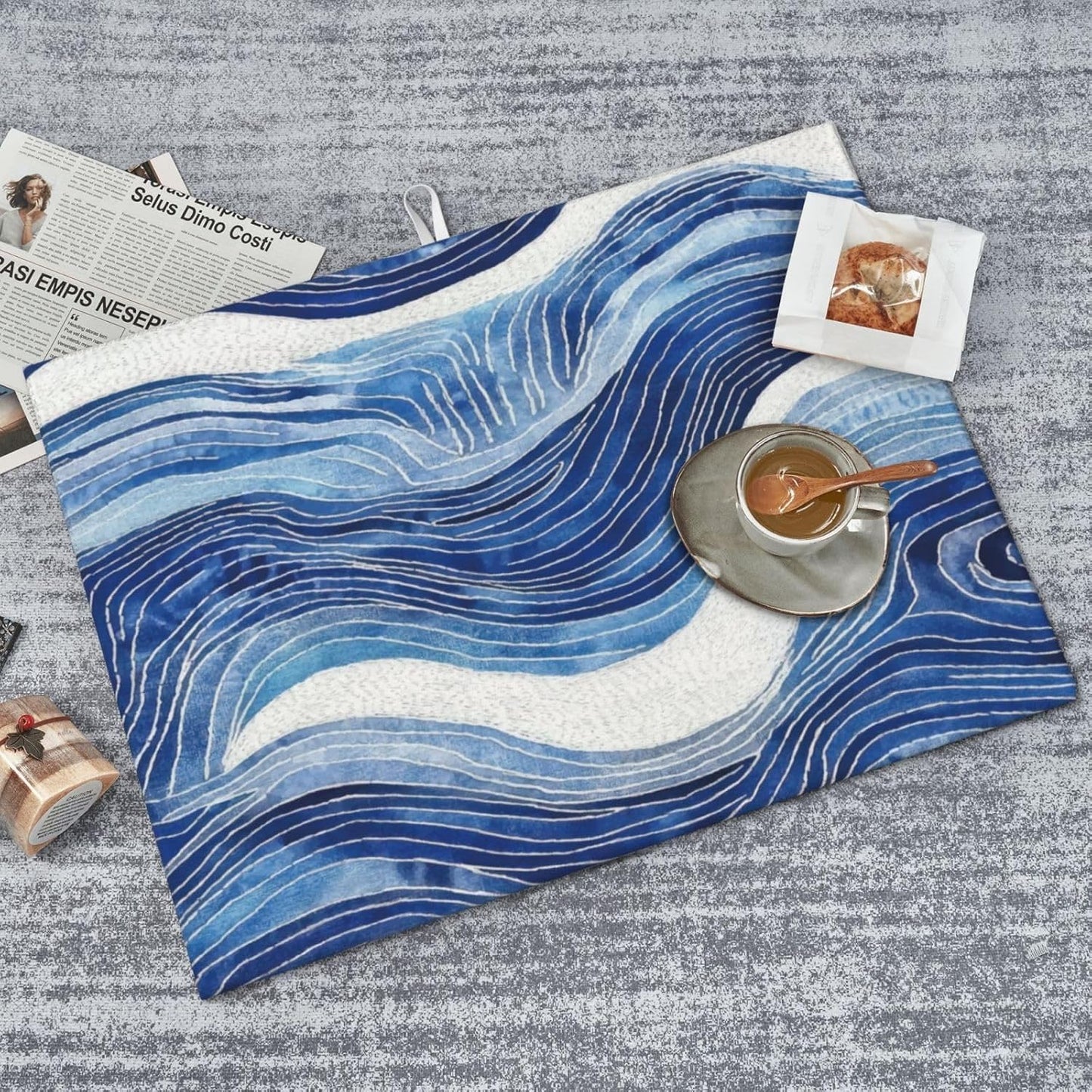 Blue White Wave Abstract Art Dish Drying Mat for Kitchen Counter & Sink, Absorbent Microfiber Ocean Drying Pad for Dishes, Foldable Nautical Modern Kitchen Mat for Dining Area & Home Decor, 18" x 24"