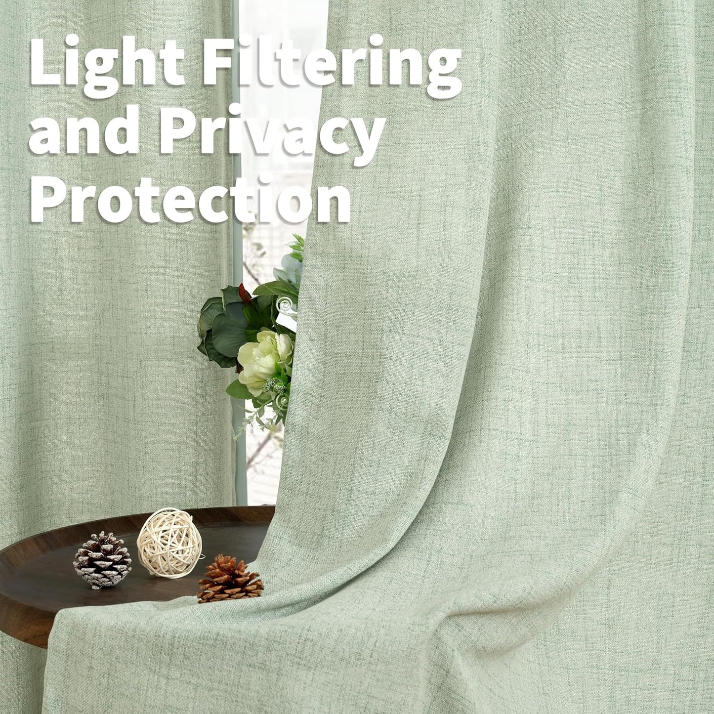 YoungsTex Sage Green Linen Curtains 84 Inches Long for Living Room, Light Filtering Drapes with Bronze Grommet Rustic Semi Sheer for Dining Bedroom, 52 X 84 Inch, 2 Panels