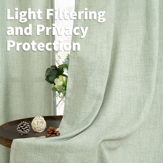 YoungsTex Sage Linen Curtains for Window 63 Inch Length with Bronze Grommet, Privacy Light Filtering Textured Drapes for Bedroom Living Room Office Country Rustic Decorative, 60 x 63 Inch, 2 Panels