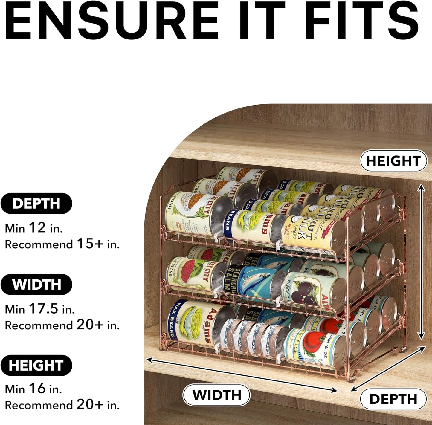 Simple Houseware Stackable Can Organizer Rack for Pantry/Cabinet – 11.5" D x 17" W x 13.75" H, Holds 36 Cans, 3-Tier Can Food Storage Dispenser, Rose Gold