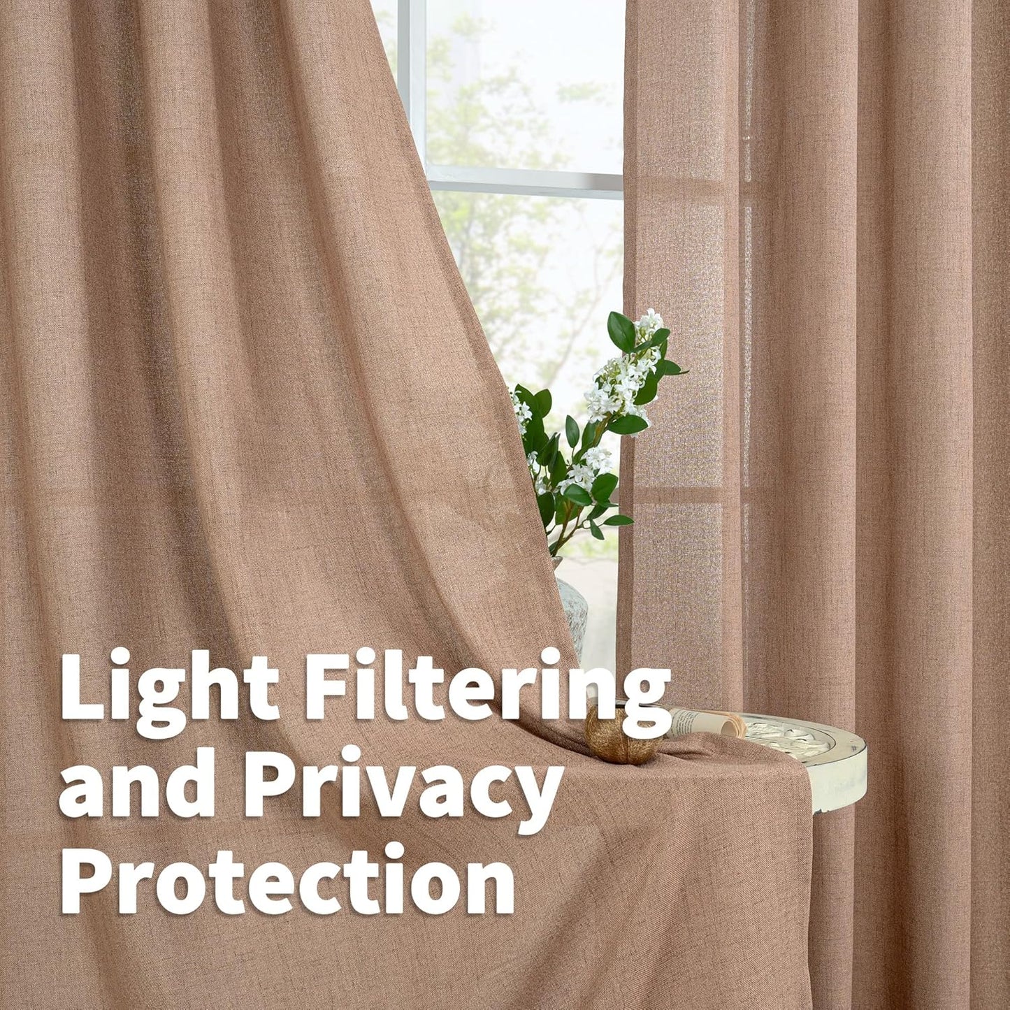 YoungsTex Mocha Linen Curtains 48 Inches Length for Living Room Window, Short Light Filtering Drapes with Bronze Grommet Fall Decor for Kitchen Bathroom Window, 2 Panels, 42 X 48 Inch