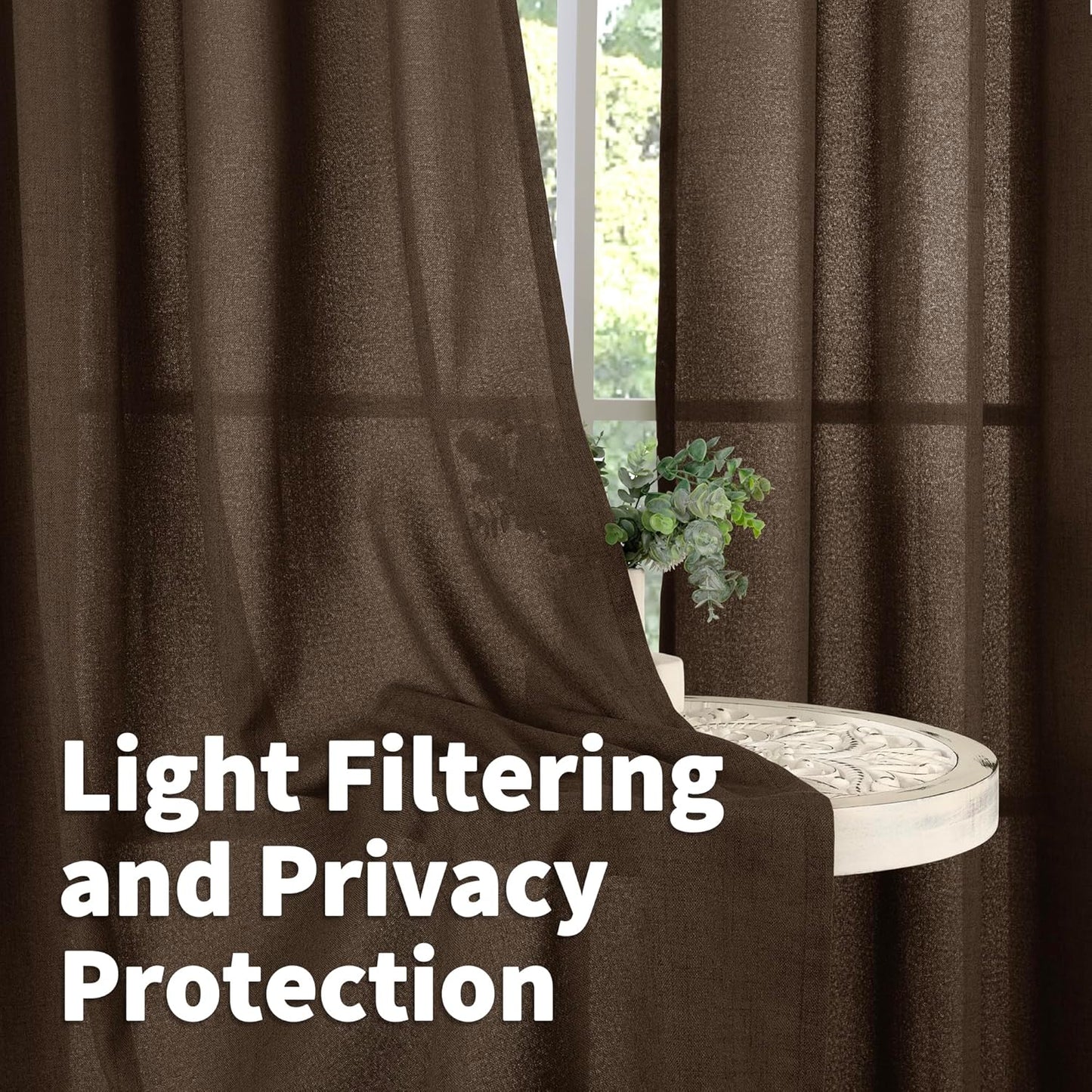 YoungsTex Brown Linen Curtains 45 Inches Length for Short Window, Chocolate Textured Semi Sheer Drapes Light Filtering with Bronze Grommet for Bedroom Bathroom Kitchen Window, 42 x 45 Inch, 2 Panels