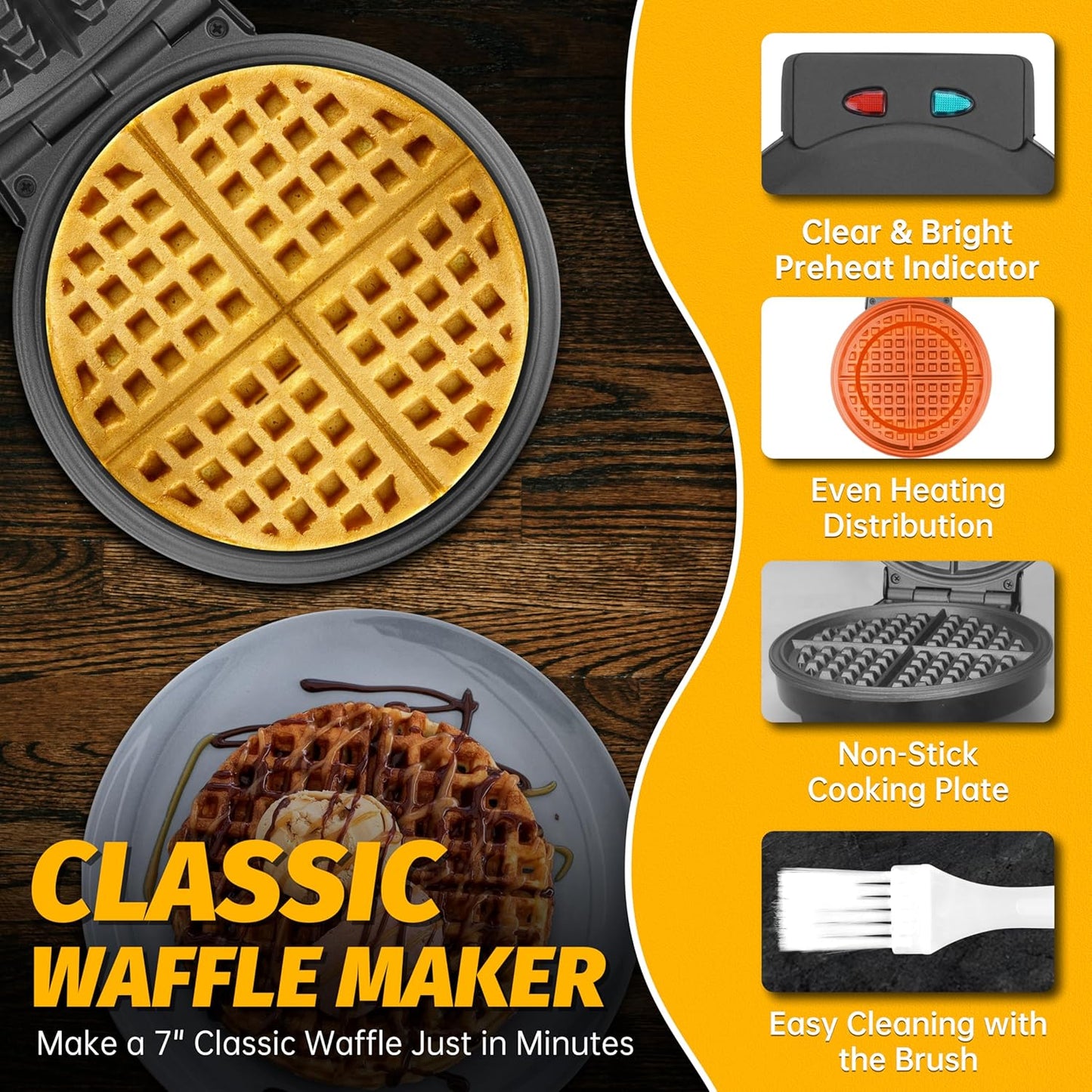 7 Inches Round Classic Waffle Maker Machine, Mini Waffle Maker, Non-stick Waffle Irons, Thin Waffle Maker Crispy, Black