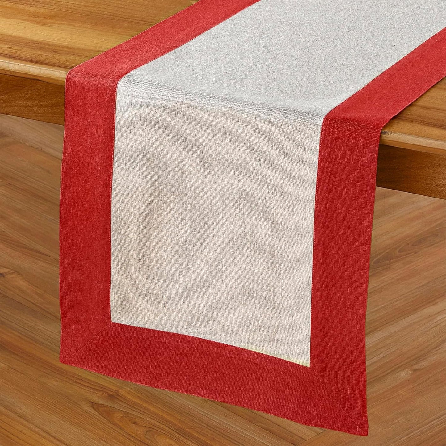 Solino Home Linen Table Runner 48 Inches - 100% Pure Linen Red and Natural Small Table Runner 14 x 48 Inch Ideal for Dresser and Coffee Tables - Fall, Autumn, Christmas, Holiday - Contempo