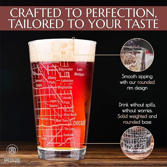 Greenline Goods Beer Glasses - 16 oz Drinkware Set for Chicago lovers - Set of 2 - Etched with Chicago, IL Map | Premium Decorative Glassware