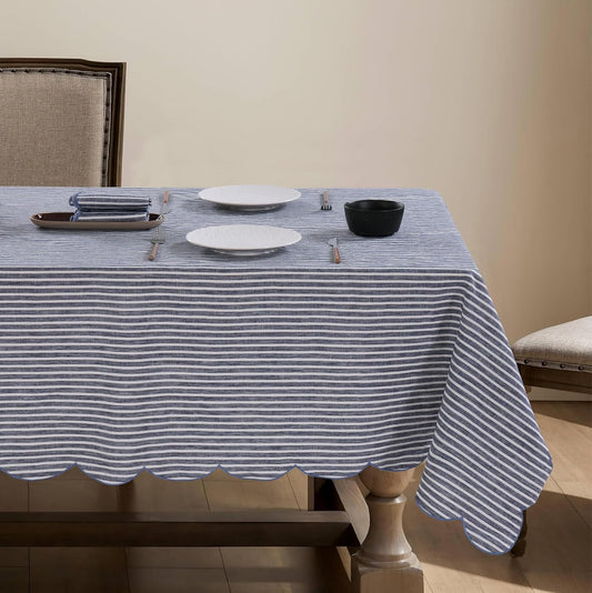 100% French Flax Linen Tablecloths Scalloped Embroidery Rectangle 120Lx60W Inch for Dinners, Parties, Spring, Machine Washable, 10-12 Sets, Blue Stripe(Edges-Blue)