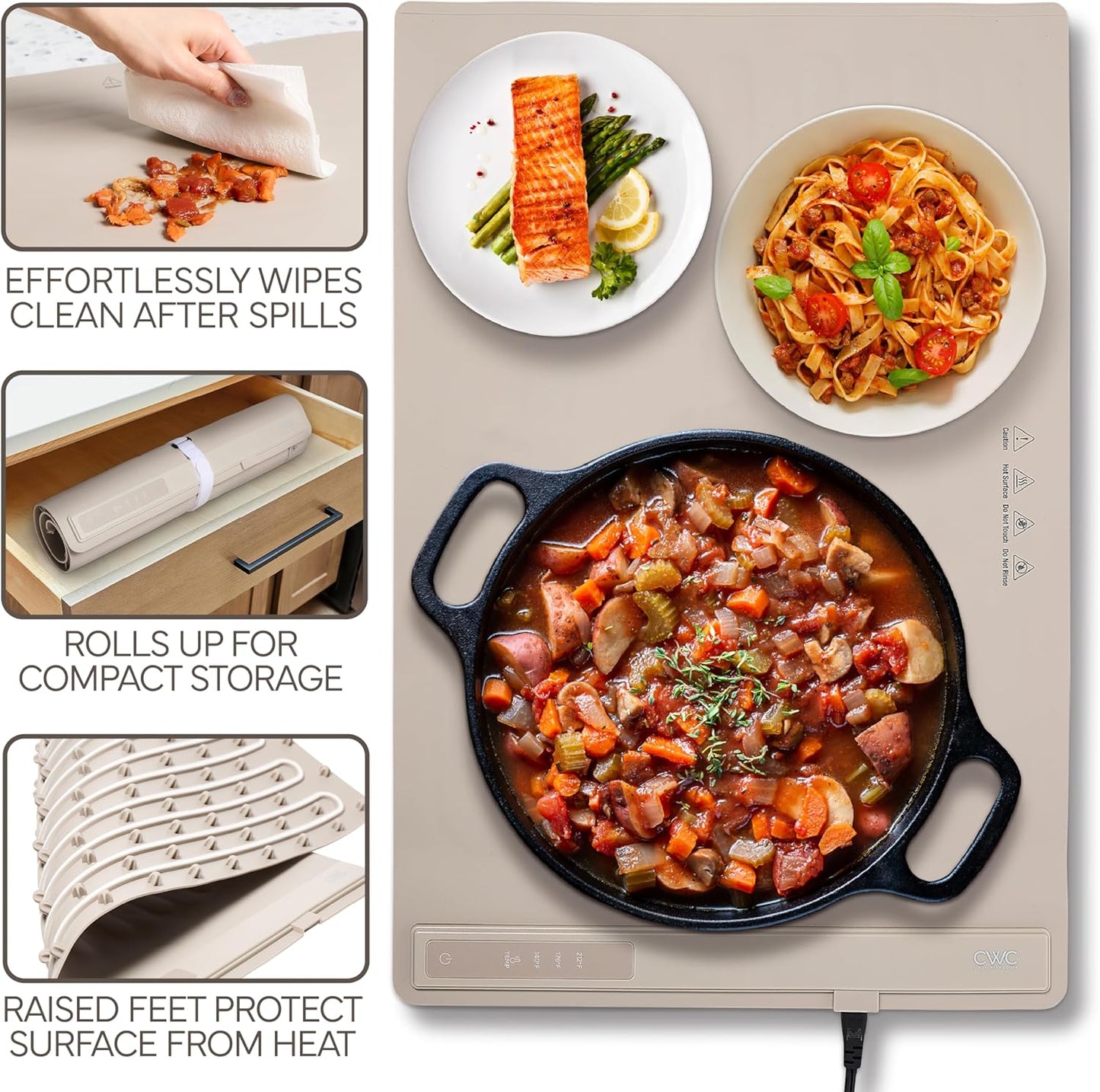 COOK WITH COLOR 350W Electric Food Warming Mat - Portable Food Warmer Tray with Adjustable Temperature, Fast 60-Second Heating, Auto Shut-Off, Rollable Silicone Pad for Parties & Everyday Use, Sand