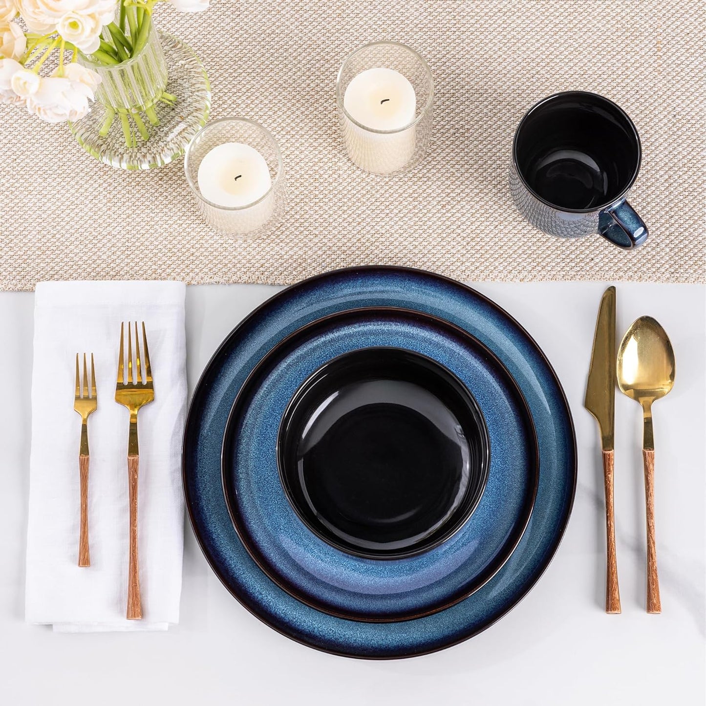 LERATIO Ceramic Dinnerware Sets for 4,16-PieceReactive Glaze Plates and Bowls Set with Mugs,Highly Chip and Crack Resistant | Dishwasher,Microwave & Oven Safe Dishes set-Blue