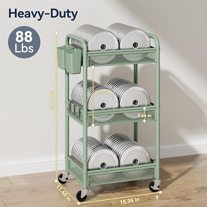 YASONIC 3 Tier Rolling Cart – Metal Utility Storage Carts with Wheels, Craft Carts Organizer with Hanging Cups, Hooks, Mesh Basket for Bedside Kitchen Office Art, Green