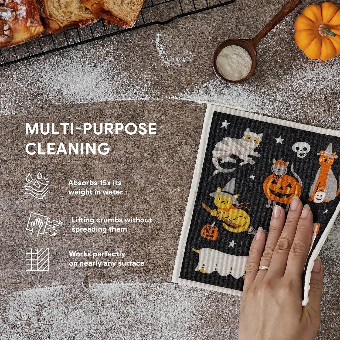 RECYCO Swedish Dishcloths for Kitchen | 4 Pack Halloween Wicked Whimsy Washable Dish Rags | Cellulose Reusable Cleaning Paper Towels | Absorbent Counter Dish Cloth Sponge Kitchen Wipes, 8" L x 7" W