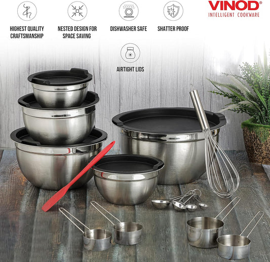 Vinod Cookware Heavy Duty Flat Bottom Stainless Steel Mixing Bowls with Lids, Measuring Cups, Measuring Spoons, Spatula & Stainless Whisk - Bowls for Meal Prep, Cooking, Mixing & Serving - Set of 5