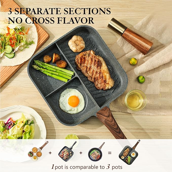 SENSARTE Nonstick Divided Grill Pan for Stove Tops, 3-Section Versatile Breakfast Grilling Pan, Durable Square Grill Skillet, Steak Griddle Pan, PFOA, PFOS, APEO Free, Induction Compatible, 9.5 Inch
